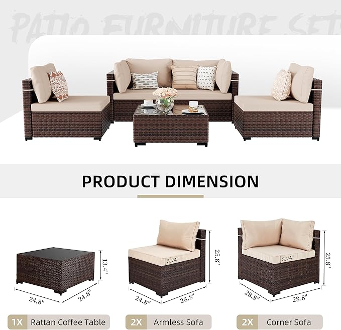 UPHA 5 Pieces Patio Furniture Sets, Wicker Outdoor Sectional Sofa Couch with Coffee Table, Patio Conversation Set for Deck Backyard Garden, Brown Rattan, Beige Cushion