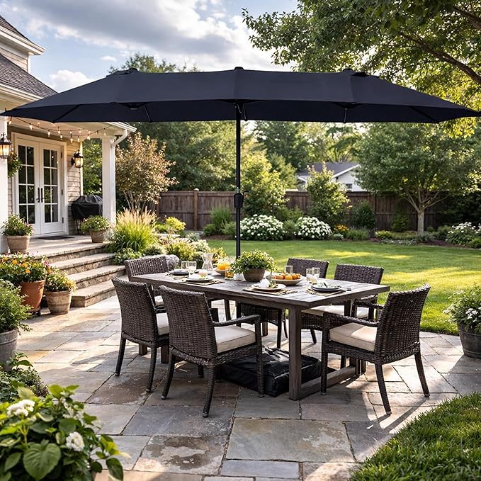 Kozyard 15 FT Double-Sided Rectangular Patio Umbrella, Base Included, Crank Lift Outdoor Patio Umbrella with UV Protection for Backyard, Pool & Garden Navy Blue