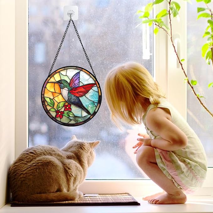 DASTOLL Stained Glass Window Hanging, Hummingbird Gifts Sun Catchers Diamond Glass Panel Hangings Birds Suncatcher Decor for Birthday for Women, Men, Wife, Aunt, and Mom 11.8x11.8 in