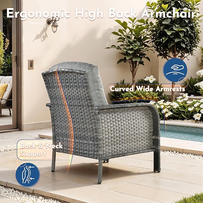 Wicker Patio Furniture Set High Back Loveseat Sofa Couch Armchair Coffee Table, All Weather Rattan 4 Pieces Outdoor Conversation Sets for Patio Porch Deck Backyard Poolside, Dark Gray