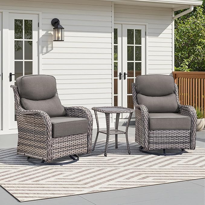 Luxury Outdoor Swivel Rocker Patio Chairs-3 Piece Wicker Patio Rocking Chairs Set of 2 with Glass Side Table 6" Thick Cushions High Back Outdoor Furniture Sets for Deck Porch Balcony(Grey/Grey)