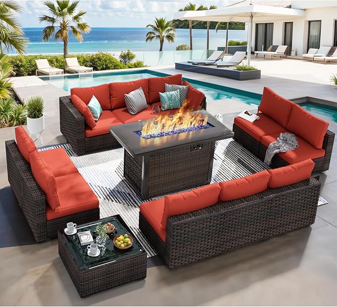 12 Piece Patio Furniture Set with Fire Pit Table All Weather PE Rattan Outdoor Sectional Sofa Couch with No-Slip Cushions and Glass Top Table for Garden, Poolside, Backyard (Red)