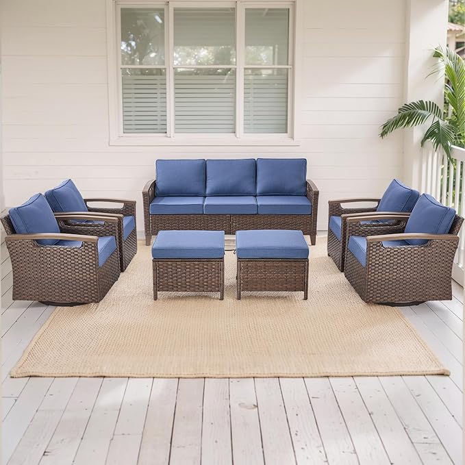 Rilyson Wicker Outdoor Patio Furniture Set - 7 Piece Patio Conversation Sets with Swivel Rocker Chairs, Ottomans, and Sofa, Thick Cushions, Waterproof Wicker, for Porch Deck Brown/Blue