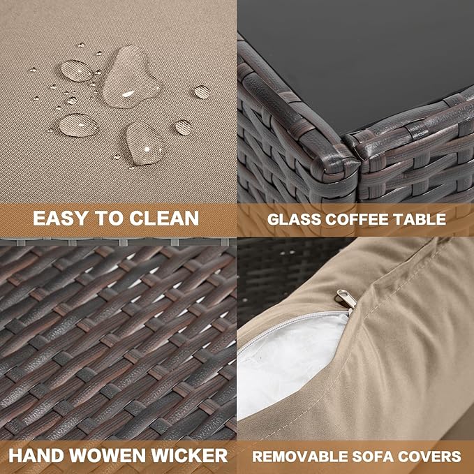 MOCHITO 5 Pcs Outdoor Patio Furniture Sets Brown Rattan Khaki Cushions | All-Weather Sectional Sofa, with Glass Table, PE Rattan Wicker Patio Furniture , Washable Cushions, for Balcony Porch Garden