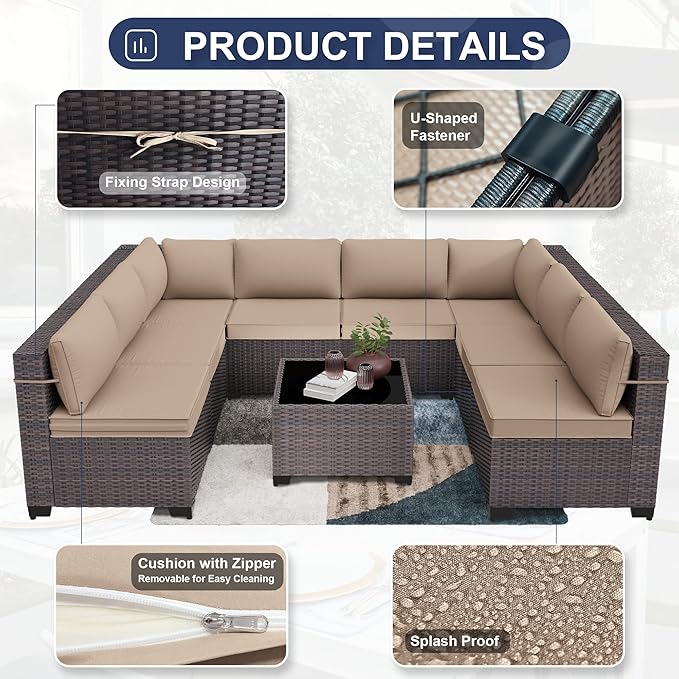 Patio Furniture Set 9pcs Outdoor Furniture for Backyard Sectional Sofa Set, Wicker Rattan Outdoor Conversation Set with 4 Inch Thickened Cushions and Coffee Table, Sand