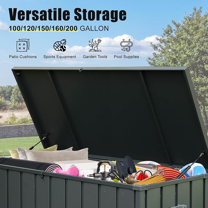 Domi Deck Box, 120 Gallon Outdoor Storage Box Large Metal Storage Cabinet Waterproof Lockable Container for Patio Furniture Cushions Garden Tools Pool-Supplies, Dark Grey