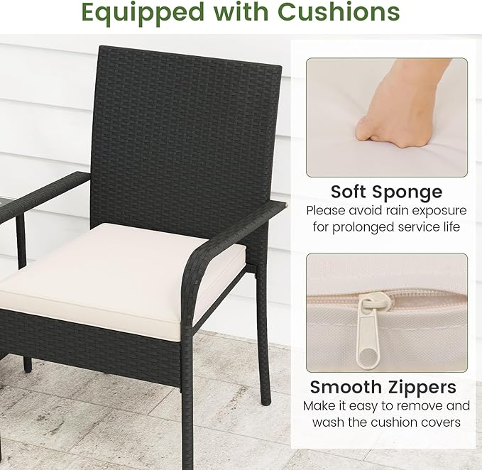 Tangkula 3 Pieces Patio Furniture Set, PE Rattan Outdoor Cushioned Conversation Chairs with 2-Tier Tempered Glass Tabletop Table, for Balcony, Garden and Poolside (Off White)