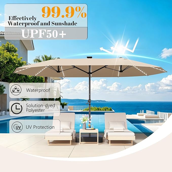 GDPFN 15ft Rectangular Patio Umbrella with Solar LED Lights, Double-Sided Outdoor Market Umbrella with Base Included, Extra Large Shade for Pool, Deck, Backyard, Garden, Beige