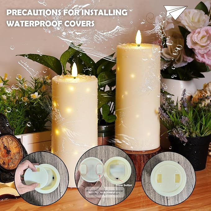 kakoya 10" x 4" Large Outdoor Waterproof Flickering Flameless Candles with Timer,4Pcs Battery Operated LED Pillar Candles with Embedded Star String for Outdoor Lanterns,Porch,Patio Decor(Ivory)