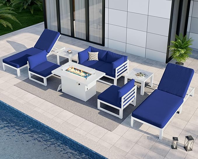 NICESOUL Extra Large Luxury Aluminum Outdoor Sectional Sofa with Chaise, Weather Resistant Modular Patio Furniture Set for 6 People, 500 lbs Heavy Duty Conversation Couch for Poolside Deck, Navy Blue