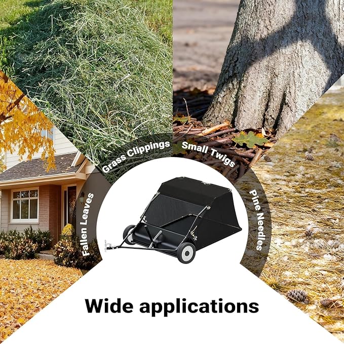 Tow Behind Lawn Sweeper, 42/50/52-Inch Pull Behind Leaf & Grass Collector, 12/26 cu. ft. Large Capacity Yard Sweeper with Adjustable Sweeping Height and Universal Hitch for Lawn Tractor (52"/26cuft)