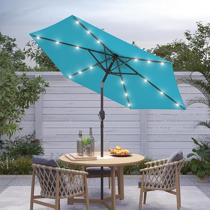7.5ft Outdoor Umbrella Patio Umbrella with Solar Lights,18 LED Lighted Table Market Outdoor Umbrella, 2-Year-Non-Fading, for Pool, Deck, Garden,Backyard
