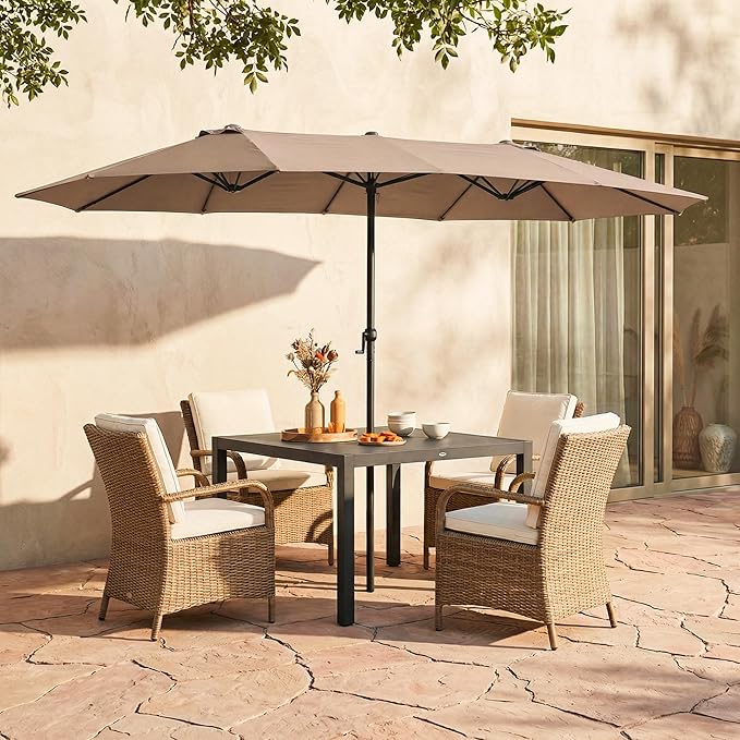 15FT Large Double Sided Patio Umbrella, Aluminum Crank and Heavy Duty Carbon Steel Ribs Outdoor Umbrellas, Fade Resistant Rectangular Market Umbrella for Pool, Deck, Commercial, Backyard, Patio, Rental, BBQ, Beige
