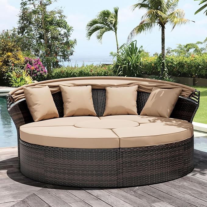 Patio Round Daybed with Canopy, Outdoor Wicker Rattan Sectional Sofa Set with Cushions, Patio Conversation Set for Backyard, Porch, Pool (Brown)