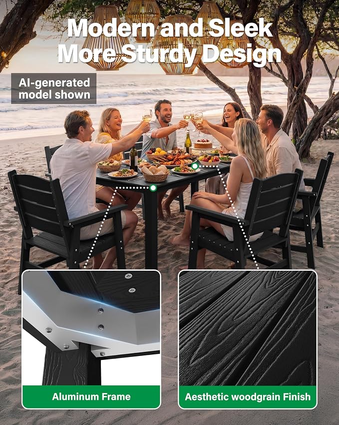 YEFU Patio Dining Sets HIPS: 10-Piece Outdoor Table and Chairs with Umbrella Hole - Modern Outside Furniture Plastic Patio Dining Set for 8 with Metal Aluminum Frame for Family with Deck/Pool Black