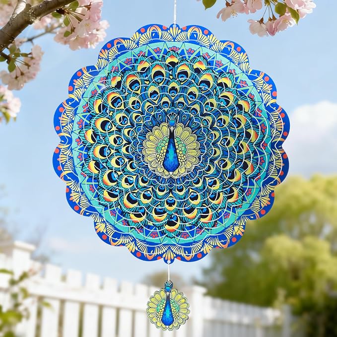 Peacock Wind Spinners Outdoor, 3D Stainless Steel Metal Wind Spinners, 12 Inch Laser Cut Kinetic Hanging Sculpture, Yard Art, Garden Decor, Peacock Gifts for Women, Men, Mom, Grandma