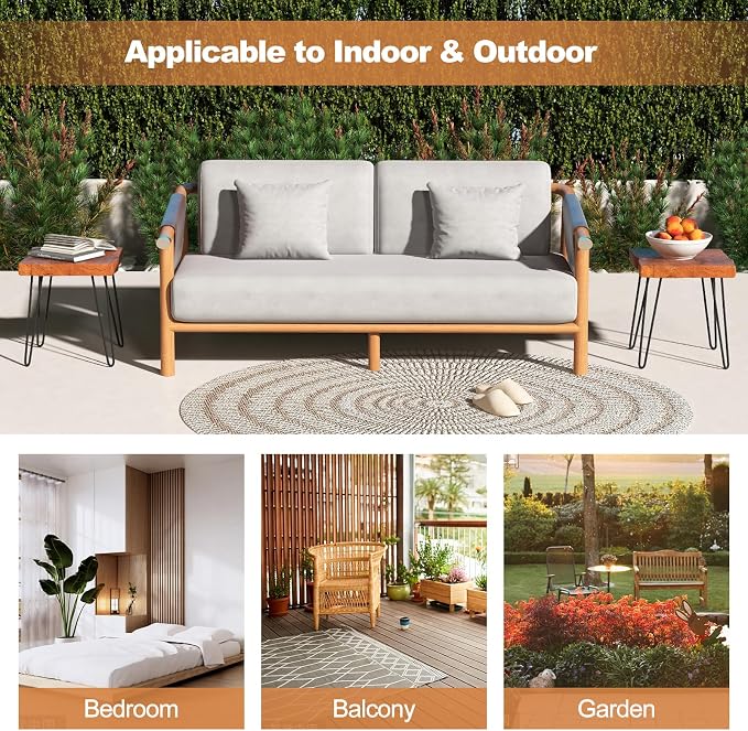 Giantex Teak Wood End Table, Solid Live Edge Outdoor Side Table w/Natural Grain & Heavy-Duty Metal Legs, Rustic Plant Stand for Living Room Patio Balcony, 16" x 16" x 18" (1, Square)