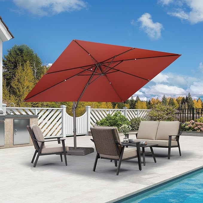 PURPLE LEAF 9' X 11.5' Rectangle Cantilever Umbrella Patio Umbrella Antique Bronze Outdoor Aluminum Offset Hanging Umbrella with 360-degree Rotation for Pool Garden Backyard Deck, Brick Red