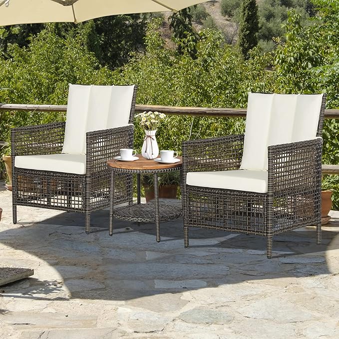Tangkula 3 Piece Patio Conversation Set, Outdoor Rattan Chair Set W/ 2-Tier Coffee Table, Acacia Wood Tabletop, Cozy Seat & Back Cushions, Wicker Sofa Set for Backyard Poolside Front Porch (Off White)