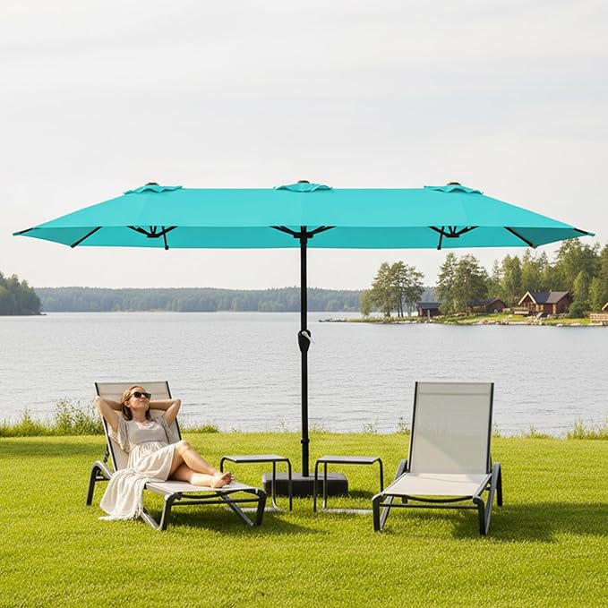 15FT Large Patio Umbrella with Base, Double Sided Rectangular Outdoor Umbrella with Sturdy Fiberglass Ribs, UPF 50+ Sun Protection, Wind-Resistant, Waterproof Fade-Resistant Fabric for Pool, Garden, Backyard, Deck(Peacock Blue)