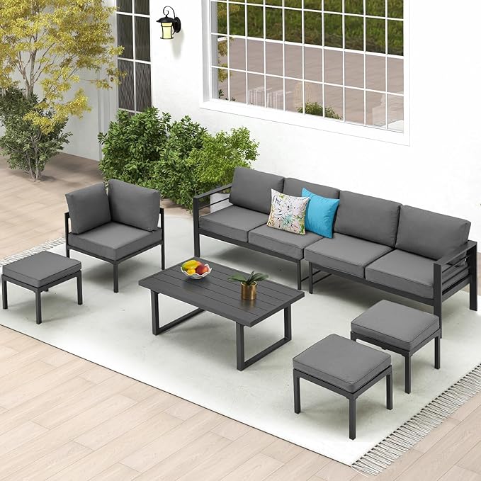 All Weather Aluminum Frame Patio Conversation Set, 7 Pieces Outdoor Patio Furniture, Patio Furniture Set, Outdoor Patio Set for Lawn, Garden, Balcony, Poolside, Conversation Set(Black)