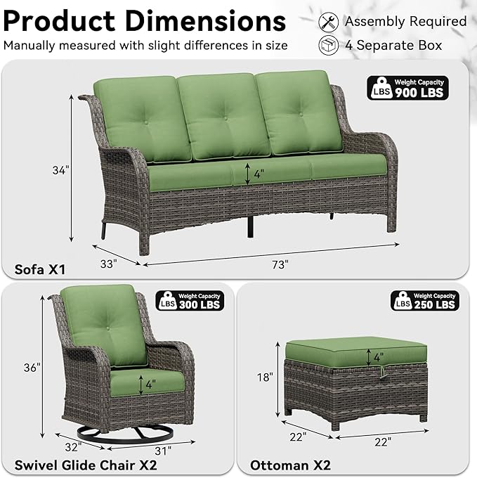 5 Piece Outdoor Wicker Patio Furniture Set, Outdoor Swivel Rocker Patio Chairs Set with Thickened Olefin Cushions, High Back and Deep Seating, Hand-Woven PE Rattan for Porch, Deck