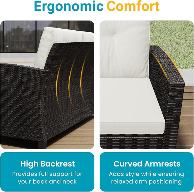 FansaFurn 4 Piece Outside Furniture, Wicker Patio Furniture Set, All Weather Outdoor Patio Sofa with Cushion and Acacia Wood Table, Outdoor Sofa for Backyard, Porch, Lawn, Patio, Deck, Garden, Beige