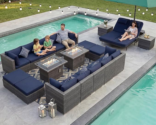 NICESOUL 20 Piece Patio Furniture Set with Fire Pit Table and Chaise, 29.3'' High Back Outdoor Wicker Couch Sets with Firepit and Lounger, 500 lbs Heavy Duty 14-Seat Outdoor Sectional, Charcoal/Navy