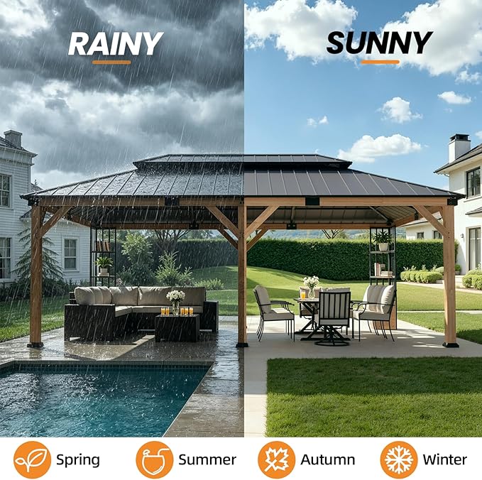 ALAULM 12'x20' Hardtop Gazebo, Outdoor Wood Pergola with Double Metal Roof Metal Corner Frame Shelves Storage,Outdoor Pavilion for Patio, Backyard, Deck,Natural