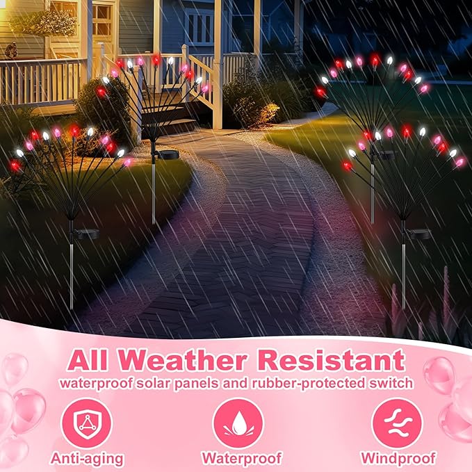 Rossesay 4 Pcs St Patricks Day Outdoor Decorations Solar Lights Waterproof Green 48 LED Swaying Pathway Firefly Stake Lights for Outside Yard Garden Lawn Decorations(Pink White,Pine Cone)