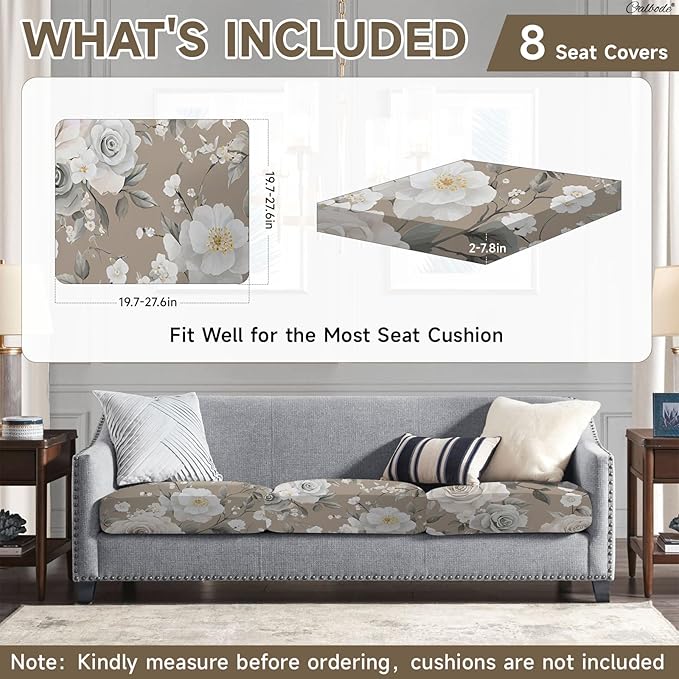 CALBODE 8Pcs Stretch Patio Cushion Cover, Vintage Floral Printed Couch & Sofa Slipcovers for Patio Furniture Cushions Washable Reusable Couch Covers Replacement for All-Season (Cover Only)