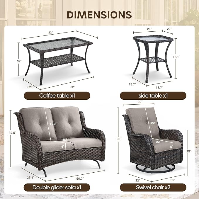 Patio Loveseat Glider Set, Resin Wicker Loveseat Glider with 4 Swivel Patio Chiars Coffee Table 2 Side Table, 8 Piece Patio Conversation Loveseat Set, Brown Wicker|Grey Cushions