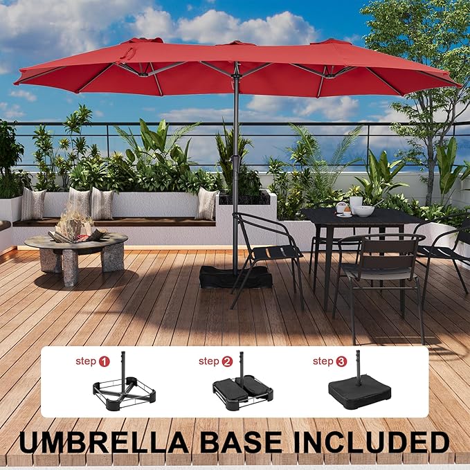 15 ft Patio Umbrella with Base, Large Rectangle Outdoor Umbrella with Matching Stand, Strap, Crank, Red