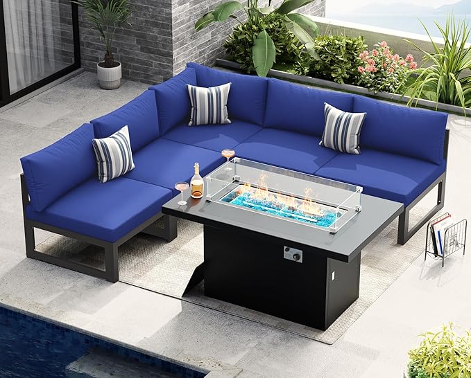 NICESOUL® 6 Piece Modern Extra-Large Aluminum Outdoor Patio Furniture Set with Firepit Table Propane/Natural Gas, 500lbs Heavy Duty 29'' Deep Wide Conversation Sofa for Backyard Garden Deck, Navy Blue