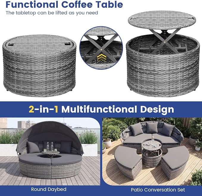 RELAX4LIFE Round Outdoor Daybed with Canopy, Rattan Wicker Sectional Sofa Set w/Cushions, Height Adjustable Table, Conversation Bed Lounger Separated Seating for Outside Pool, Patio Daybed (Grey)