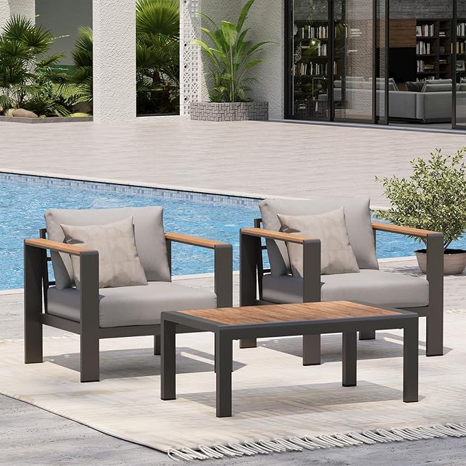 Aluminum Outdoor Sofa Bistro Set, 3 Piece Outdoor Patio Furniture Set with Washable Thick Cushion, Patio Sectional Furniture Set for Porch, Balcony, Deck, Yard, Gray
