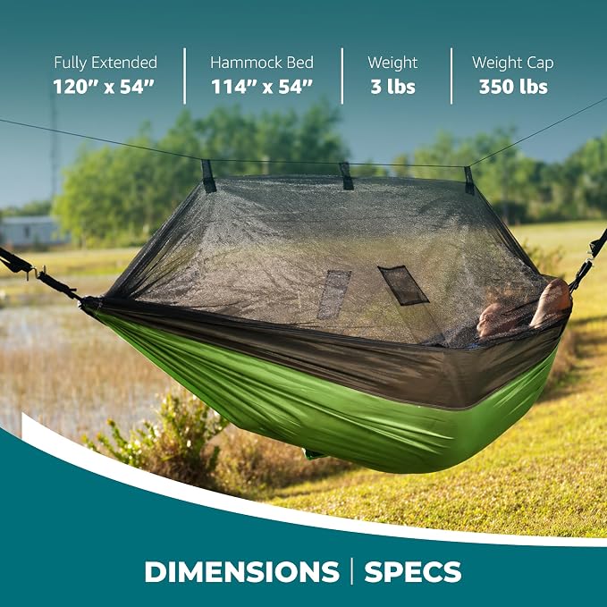 Bliss Hammocks BH-406XLS-N-FG Hammock in a Bag w/ Mosquito Net & Adjustable Tree Straps, 54-in. Wide, Weather & UV Resistant, 350 Lb. Capacity (Forest Green)