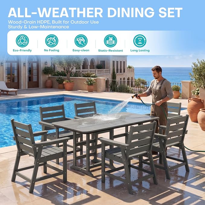 7-Piece Dining Set, HDPE Table & 6 Chairs, Grey | HDPE Dining Set: 69.1" Table + 6 Chairs, 380 lbs, 304 Stainless, All-Weather, No Rust No Crack, Outdoor Patio Garden