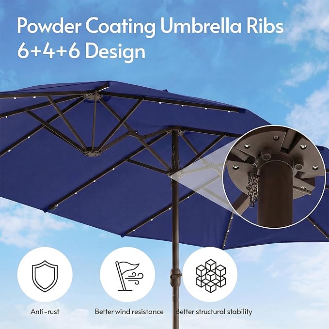15ft Double-Sided Patio Umbrella with Solar Lights and Base Included, Large Patio Umbrella with 48 LED Dual-Color Lights, 135 Sq Ft Shade Area Patio Table Umbrella for Pool, Outddor, Deck (Navy Blue)