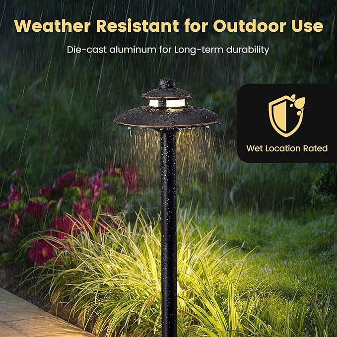 SURAIELEC 12V Low Voltage LED Landscape Path Lights, 3.8W 2-Tier Pagoda Pathway Light with Connectors, 3 Color Temperature Adjustable, Aluminum ORB Outdoor Walkway Garden Lights, ETL Listed, 4 Pack