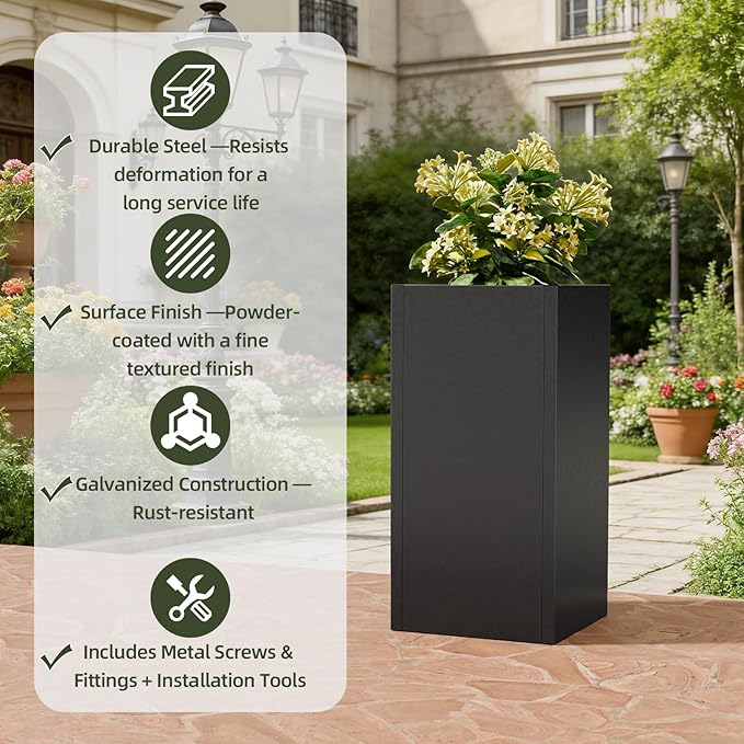 Black Tall Metal Planters Box for Outdoor Plants 6 Pack- 23.6" H Steel Tall Square Planter with Removable Insert Shelf, Modern Heavy Duty Pedestal Planter Front Porch Decor Patio Garden