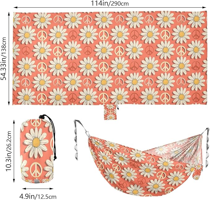 Camping Hammock Outdoor Hammocks for Outside Peace Symbol Daisy Flower Beach Trees Portable Lightweight with Pockets Tree Straps Indoor