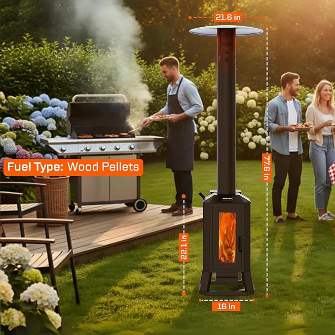 70,000 BTU Wood Pellet Outdoor Patio Heater with Glass Viewing Window – Pellet Heaters for Outdoor Use, Home, Gardens & Commercial - Portable with Wheels – Black