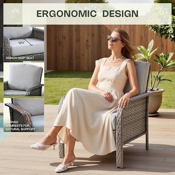 4-Piece Patio Furniture Set, Outdoor Wicker Furniture with Coffee Table, All Weather High Back Loveseat Patio Chairs, Modern Rattan Outdoor Chairs Conversation Set for Porch, Balcony, Garden,Grey