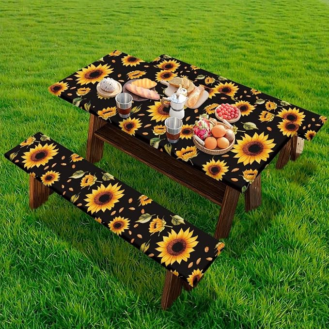 Sunflower Leaf Picnic Table Cover with Bench Covers Waterproof Rectangle Tables Patio Tablecloth Camping Gear and Essentials Rv Accessories Road Trip Supplies Car Travel Must Haves