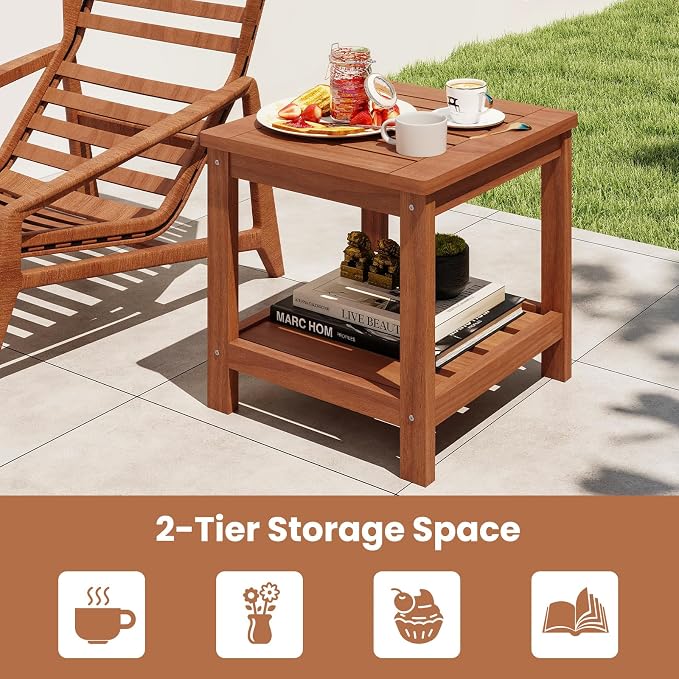 Tangkula Outdoor Side Table, 2-Tier Solid Wood Patio Table with Slatted Tabletop & Storage Shelf, Indoor Outdoor Square Small End Table for Patio, Garden, Yard, Porch, Living Room (2)
