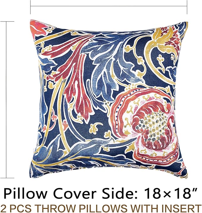 JMGBird Water-Resistant Outdoor Pillows Set of 2, 18x18 inch Durable Blue with Pomegranate Flower Pattern Throw Pillows with Inserts for Patio Furniture