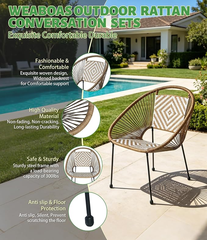 4-Piece Outdoor Patio Furniture Set, Wicker Sofa and Chairs with Cushions, PE Rattan All-Weather Conversation Set with Coffee Table for Backyard, Patio, Poolside, Garden, Deck, White