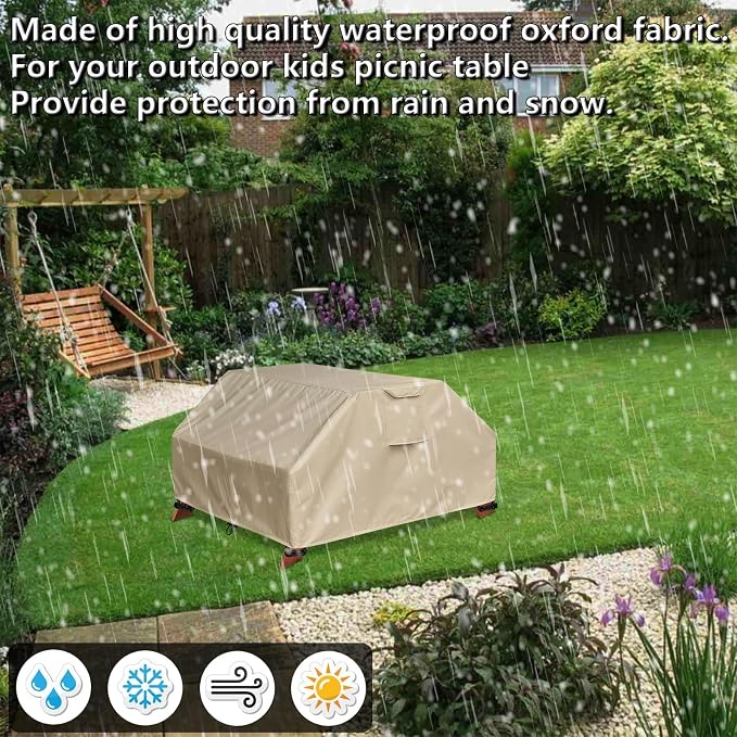 Kids Picnic Table Cover Waterproof for Sand & Water Activity Table, Weatherproof and UV-Resistant Material for All-Season Protection, Toddler Patio Wooden Table Cover (Khaki)