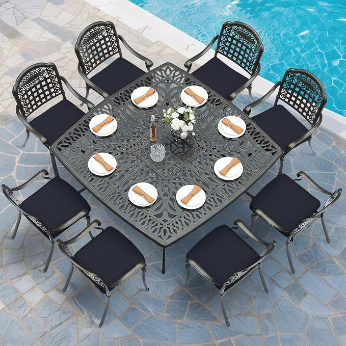 MEETWARM 9-Piece Outdoor Furniture Dining Set for 8, All Weather Cast Aluminum Patio Dining Set- Large 64" Square Table with Umbrella Hole and 8 Cushioned Chairs, Patio Table and Chairs Set, Navy Blue